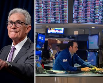Federal Reserve Chairman Jerome Powell. Traders work on the floor of the New York Stock Exchange.