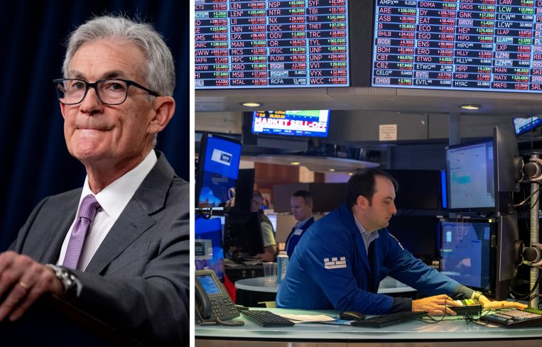 Federal Reserve Chairman Jerome Powell. Traders work on the floor of the New York Stock Exchange.