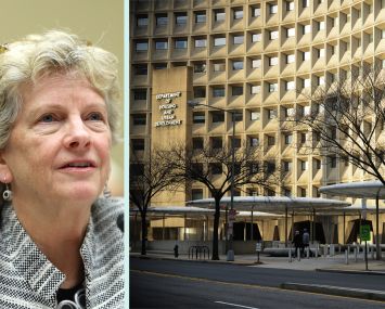 GSA Administrator Robin Carnahan and the Department of Housing and Urban Development headquarters in Washington, D.C.