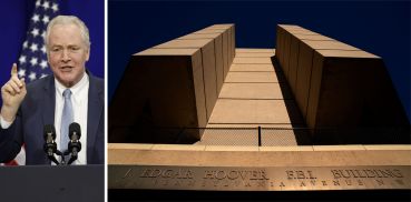 Sen. Chris Van Hollen and the J. Edgar Hoover FBI building, Washington, D.C.