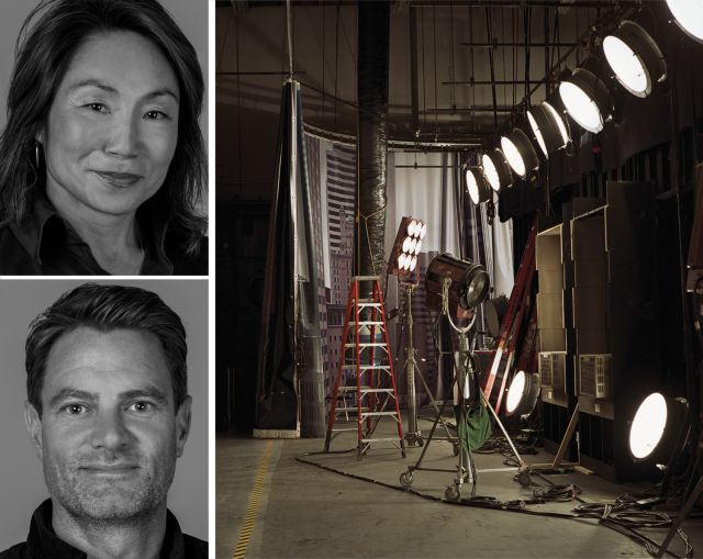 Bungalow Projects co-founders Susi Yu and Travis Feehan, and stage lights behind a film set.