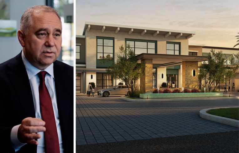 Todd Suntrapak, President and CEO of Valley Children's Healthcare, and a rendering of the company's mixed-use district hotel.