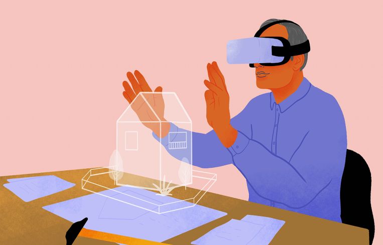An illustration of a man with goggles on pretending to design a 3D image from scratch from a table.