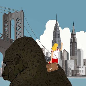 An illustration of a giant ape with a woman on his shoulder waving at a city skyline.