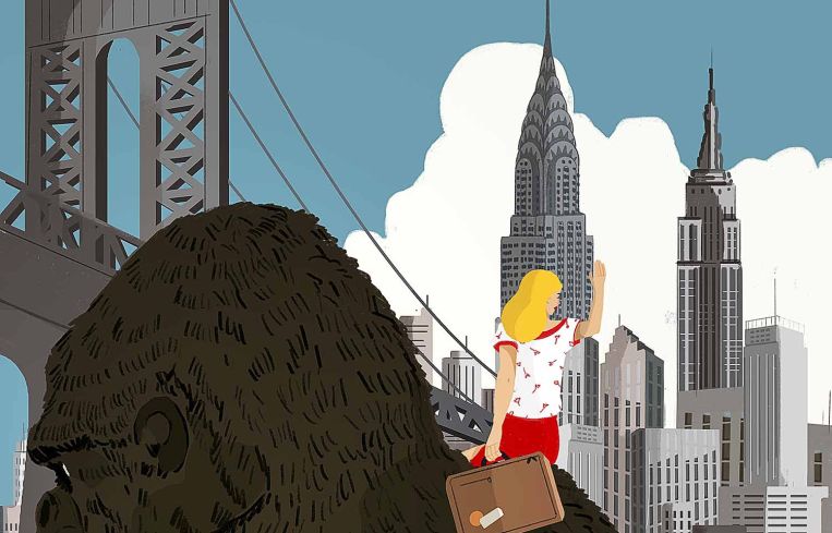 An illustration of a giant ape with a woman on his shoulder waving at a city skyline.