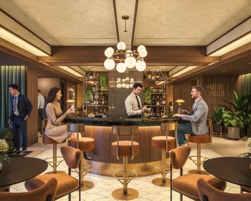 A cocktail lounge with dark wood paneling and green curtains.