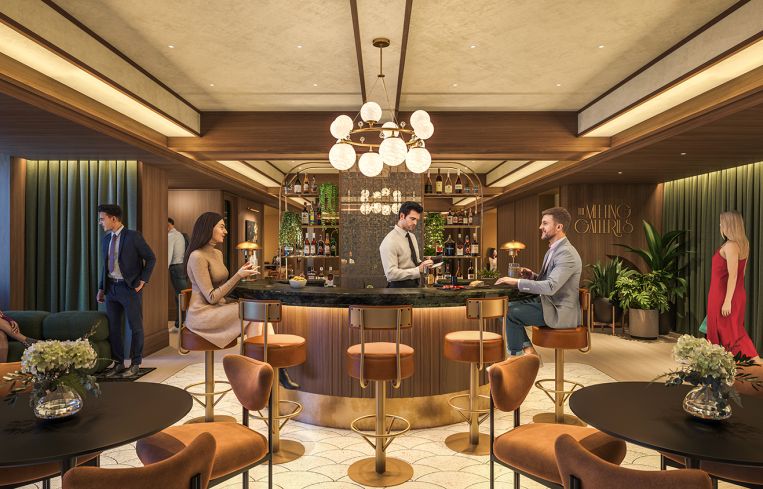 A cocktail lounge with dark wood paneling and green curtains.