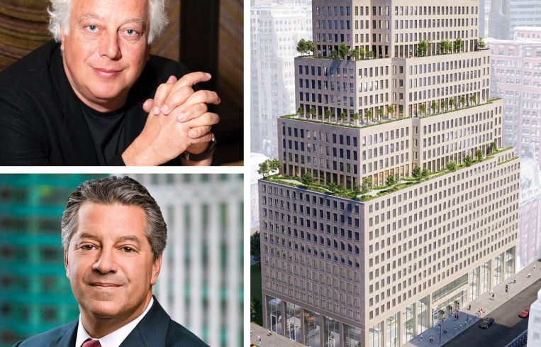 RFR co-founder Aby Rosen, SL Green Chairman and CEO Marc Holliday, and a rendering of 522 Fifth Avenue.