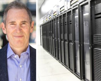 Amazon CEO Andy Jassy and a data center.
