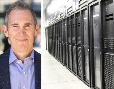 Amazon CEO Andy Jassy and a data center.