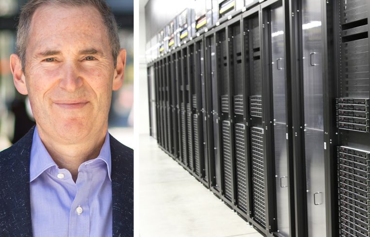 Amazon CEO Andy Jassy and a data center.