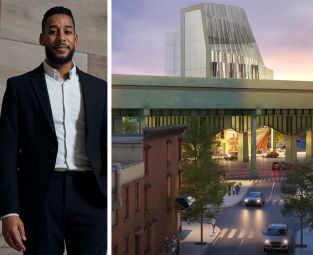 Brooklyn Borough President Antonio Reynoso and a rendering of the proposed building at 150 Mill Street, Brooklyn.