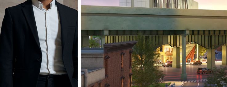 Brooklyn Borough President Antonio Reynoso and a rendering of the proposed building at 150 Mill Street, Brooklyn.