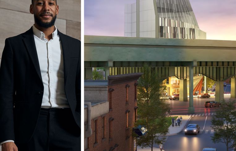 Brooklyn Borough President Antonio Reynoso and a rendering of the proposed building at 150 Mill Street, Brooklyn.