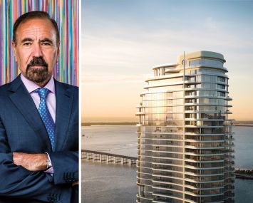 Jorge Pérez, Related Group founder and CEO, and a rendering of St. Regis Residences, Miami.