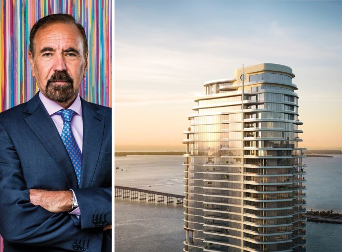 Jorge Pérez, Related Group founder and CEO, and a rendering of St. Regis Residences, Miami.