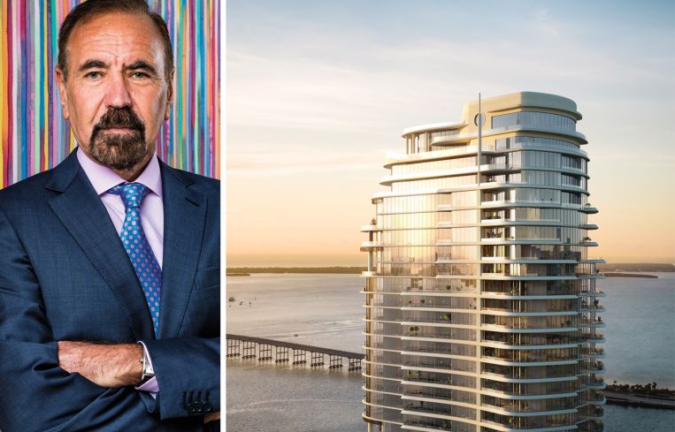Jorge Pérez, Related Group founder and CEO, and a rendering of St. Regis Residences, Miami.