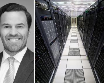 Brent Mayo, executive managing director of data center and digital infrastructure capital markets at Newmark, and computer servers in a data center.