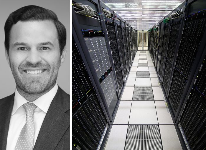 Brent Mayo, executive managing director of data center and digital infrastructure capital markets at Newmark, and computer servers in a data center.