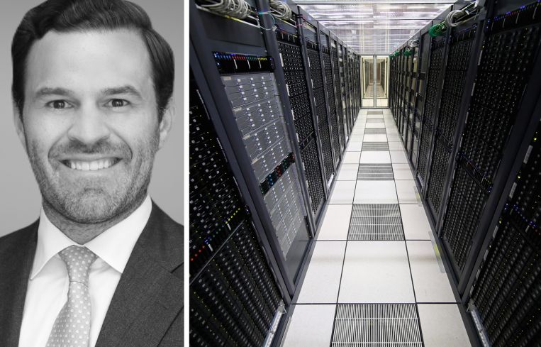 Brent Mayo, executive managing director of data center and digital infrastructure capital markets at Newmark, and computer servers in a data center.