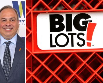 Big Lots CEO Bruce Thorn and a Big Lots' logo displayed on one of the store's shopping carts.