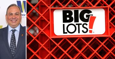 Big Lots CEO Bruce Thorn and a Big Lots' logo displayed on one of the store's shopping carts.