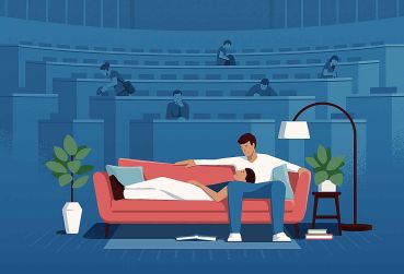 An illustration of two people lounging on a couch amid a college lecture hall.