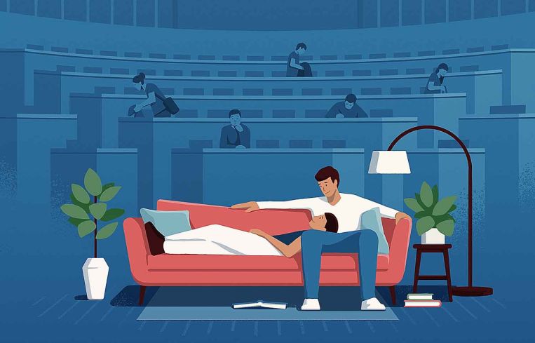 An illustration of two people lounging on a couch amid a college lecture hall.