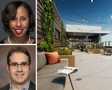 Chelsea Andrews, president and executive director of the Housing Opportunities Commission of Montgomery County, Shane Pollin, founder and Principal of PS Ventures, and a rendering of Hillandale Gateway.