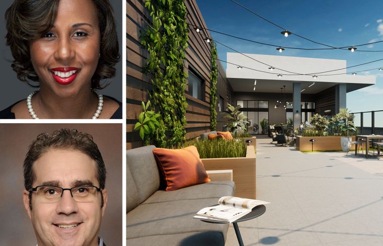 Chelsea Andrews, president and executive director of the Housing Opportunities Commission of Montgomery County, Shane Pollin, founder and Principal of PS Ventures, and a rendering of Hillandale Gateway.