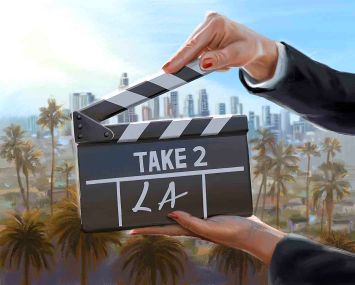 A drawing of a movie clapper in front of the Los Angeles skyline.