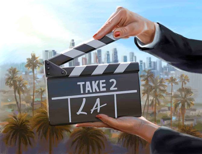 A drawing of a movie clapper in front of the Los Angeles skyline.