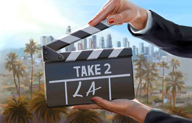 A drawing of a movie clapper in front of the Los Angeles skyline.