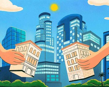 A drawing of two hands picking up multifamily buildings.
