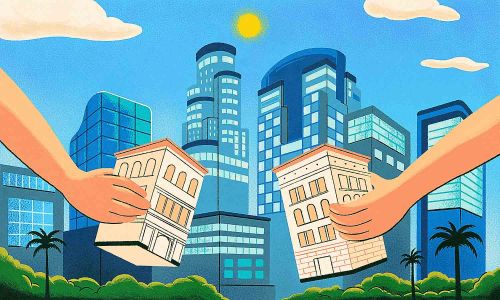 A drawing of two hands picking up multifamily buildings.