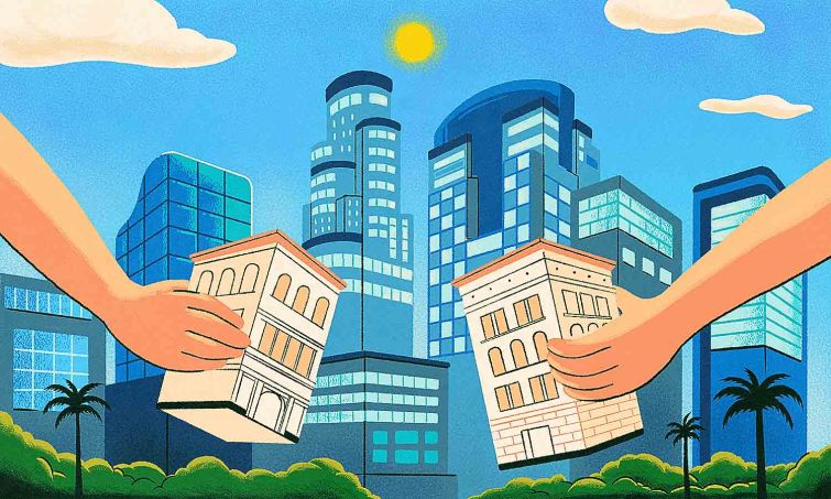 A drawing of two hands picking up multifamily buildings.