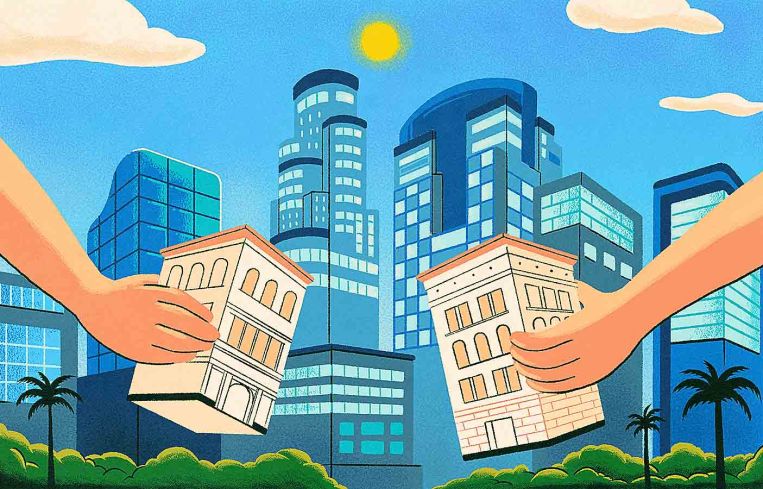 A drawing of two hands picking up multifamily buildings.