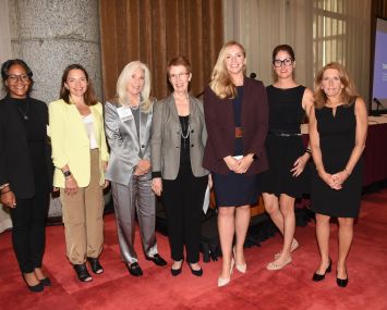 Anuska Amparo, CREW NY president; Sonia Lapinsky, partner and managing director; Joanne Podell, vice chairman Cushman & Wakefield; Kenne Shepherd, CREW NY programs chair; Cathy Cunningham, Commercial Observer; Whitney Arcaro, chief revenue officer RXR; Kelly Curtin, executive vice president NYC Tourism & Conventions.