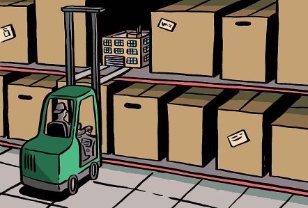 Illustration of a forklift placing a small box on shelves among larger boxes.