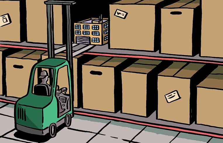 Illustration of a forklift placing a small box on shelves among larger boxes.