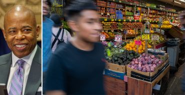 Mayor Eric Adams and a produce store in Brooklyn.