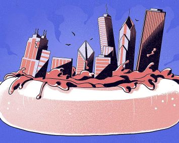 An illustration of a skyline sinking into a hotdog.