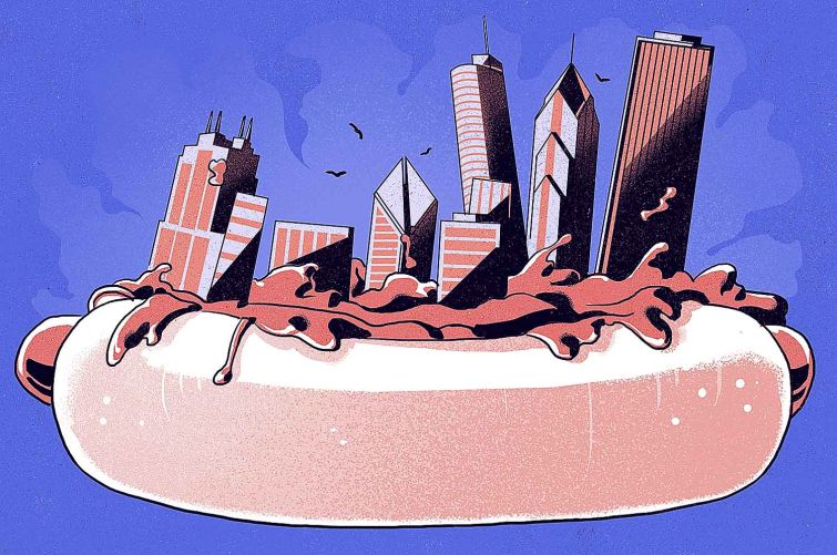 An illustration of a skyline sinking into a hotdog.