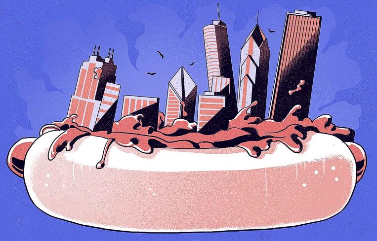 An illustration of a skyline sinking into a hotdog.