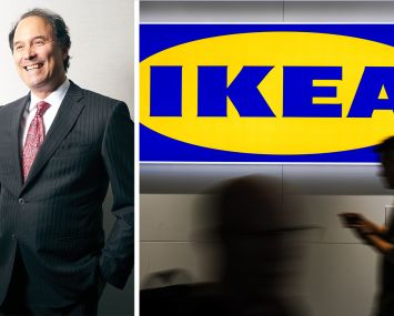 Extell founder and Chairman Gary Barnett and shoppers walk past a sign at an Ikea store.