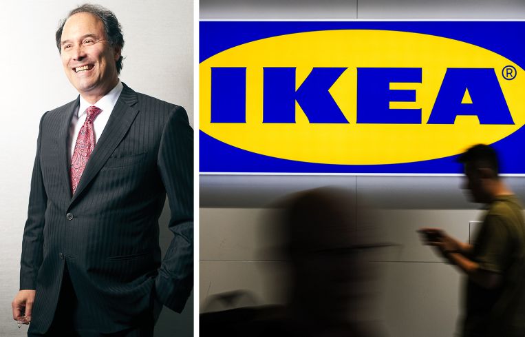 Extell founder and Chairman Gary Barnett and shoppers walk past a sign at an Ikea store.