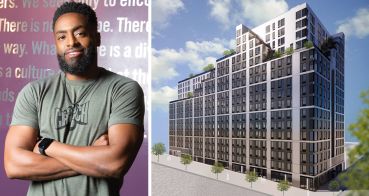 Chequan Lewis, president of Crunch, and a rendering for the planned multifamily project at 401 West 207th Street.