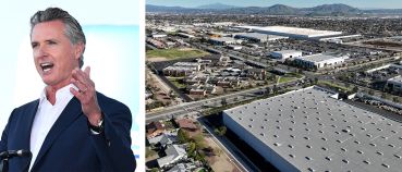 California Governor Gavin Newsom and warehouses in the Inland Empire.