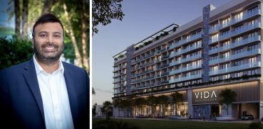 Nisu Mehta, senior vice president, commercial real estate, at Peachtree Group and a rendering of VIDA Edgewater Residences in Miami, Fla.