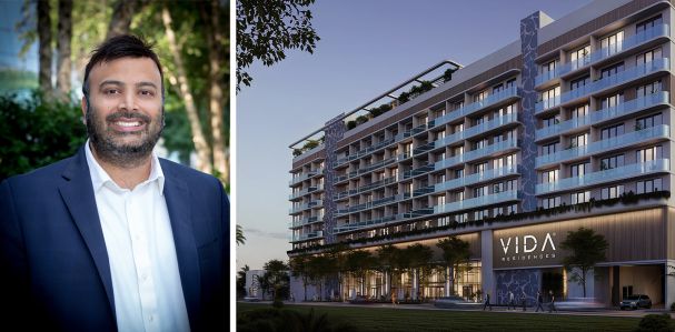 Nisu Mehta, senior vice president, commercial real estate, at Peachtree Group and a rendering of VIDA Edgewater Residences in Miami, Fla.